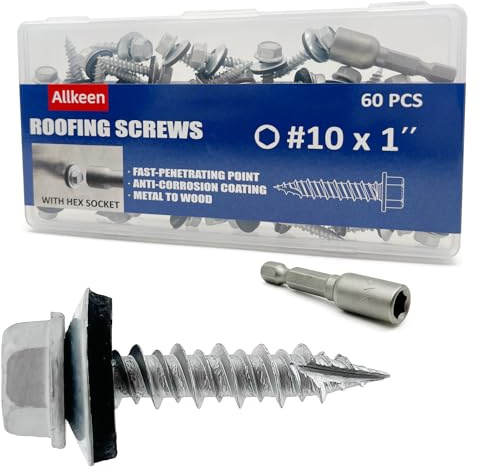 Allkeen #10 x 1 Hex Head Sheet Metal Roof Screws, Rustpert Coating Metal to Wood siding Screws, 60 Pieces