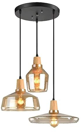 Lámpara colgante de 3 luces, lámpara de techo E26 de cristal ámbar nórdico, montaje empotrado para comedor sobre mesa, iluminación de vestíbulo de madera, luces colgantes para iluminación de isla de