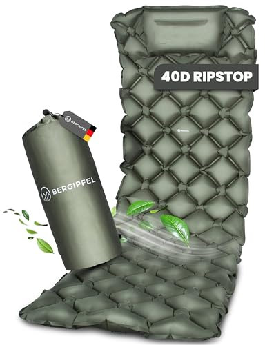 BERGIPFEL® aufblasbare Isomatte 7,5 cm – Ultraleicht, kleines Packmaß, mit integrierter Fußpumpe – grüne Campingmatte, ideal für Outdoor, Survival & Trekking