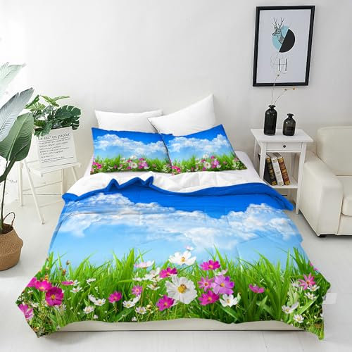 ANHOPE Blauer Himmel Weiß Wolke Blume Bettwäsche Set 2 Teilig Bettbezug 135x200 cm + Kissenbezug 80x80 cm Weich Microfaser Bettbezüge Set mit Reißverschluss Ganzjahres Bettdeckenbezug Set