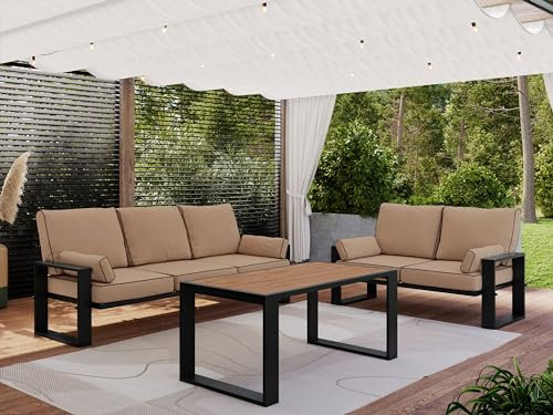 MKS MEBLE Gartenmöbel Metall wetterfest, Outdoor Möbel Sitzgruppe, Gartenmöbel Set 5 Personen, Lounge Sofa Outdoor 3 Sitzer, Gartensofa 2 sitzer, Gartenlounge Set mit Esstisch, Beige - ELBA 2