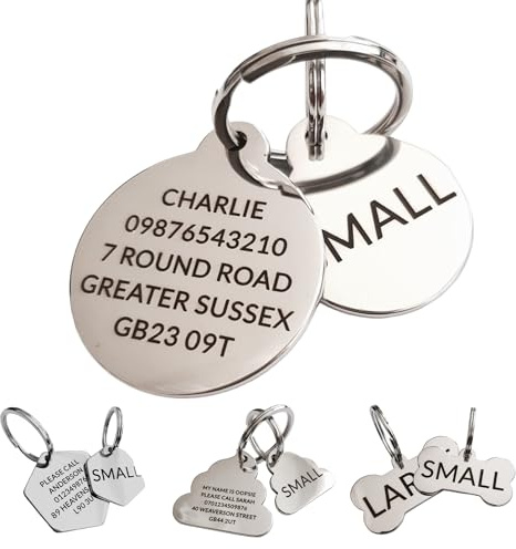 Marine Grade Dog Tags for Pets Engraved UK - Corrosion Resistant - 2 Sizes - 4 Shapes - with Split Key Ring - Personalised Dog Tag ID On Both Sides (Round)