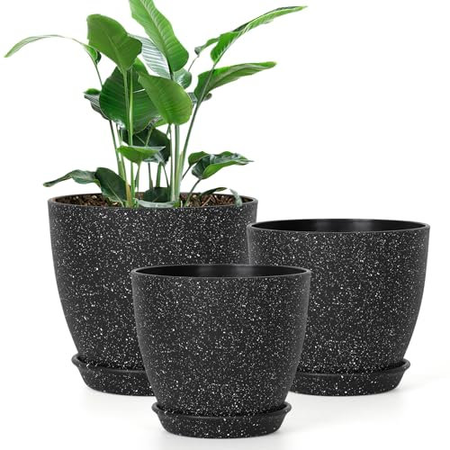 LOMOHOO Plant Pots Set of 3 Pack,Planters for Indoor Plants with Drainage Holes and Removable Base,Decorative Flower Pot for Outdoor Garden Indoor Flowers Plants (Black, 16.5/14.5/12.5)