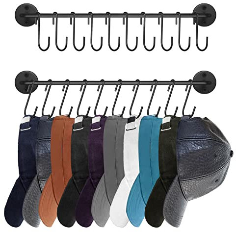 DIRXVMC Cap Holder for Wall Baseball Hat Racks Organizer Hanger with 20 Hooks Modern Metal Hat Holder Wall-Mounted Caps Display for Closet Door Bedroom Anteroom Laundry, Set of 2