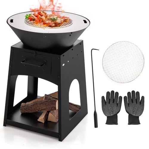 KOMFOTTEU Braciere Esterno 2 in 1, Camino da Giardino con Griglia, Scatola per Cenere, Tisoniere e Guanti, Camino in Metallo con Scomparto per Legno e Carbone, Ø 60 x 80 cm, Nero