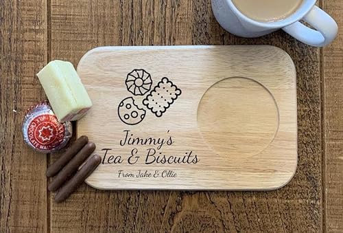 Personalised Solid Wood Tea and Biscuit Board with Mug Holder – With Biscuit Images, Engraved Name and Treat Wording – Custom Snack Tray Gift for Tea or Coffee Lover