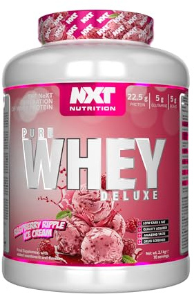 NXT Nutrition Pure Whey Deluxe 2.1kg | Whey Protein | Muscle Growth and Recovery | 70 Servings | 5g Glutamine | 5g BCAA | Raspberry Ripple Ice Cream
