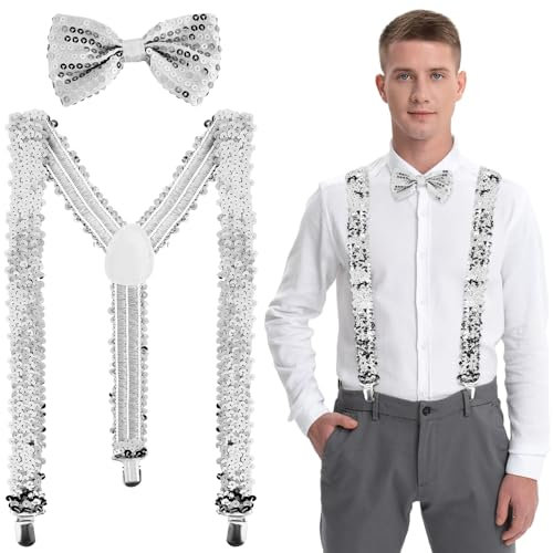 Hosenträger Glitzer, 2 Stück Pailletten Hosenträger mit Glitzer Fliege Set, Pailletten Hosenträger Y Clip, Fliege Pailletten, Glitzer Kostüm Herren Damen für Neujahr, Karneval, Leistung (Silber)