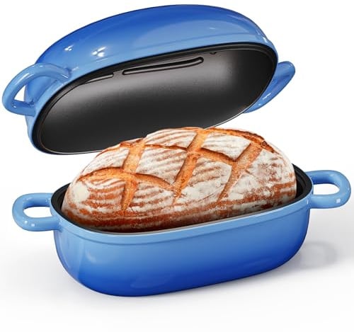 Dutch Bread Oven aus Gusseisen, 2,5 QT Dutch Oven für Sauerteigbrot Backen, Gusseisen-Brotlaibpfanne mit Deckel, einfacher hausgemachter Sauerteig-Dutch Oven, blaue ovale Brotbackform, Geschenk für