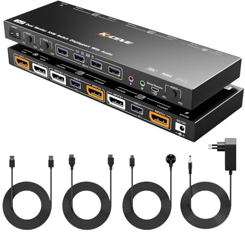 YOUTINGHDAV USB 3.0 KVM Switch 2 PC 2 Monitore Displayport, USB 3.0 Switch Modi für Dual Monitor KVM-Switch Displayport 4K@144Hz Teilen Tastatur Maus, mit 3,5mm Audio Output Extraktor