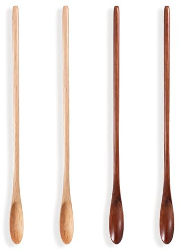 ZEYIYER 4 Pcs Mini Wooden Spoon, 8 in Long Handle Wooden Coffee Spoons, Small Nanmu Stirring Teaspoons for Honey Coffee Matcha Jam Dessert
