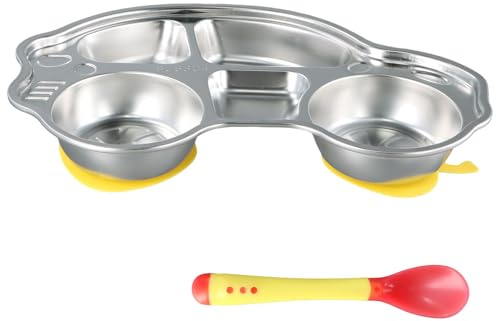 Disnace Edelstahl Kinderteller mit 5 Sektionen, Auto Design Geteilte Platte, Kinder Lebensmittel Teller, Unzerbrechliches Geschirr mit Saugnapf und Suppenlöffel für Kinder, Picky, Camping