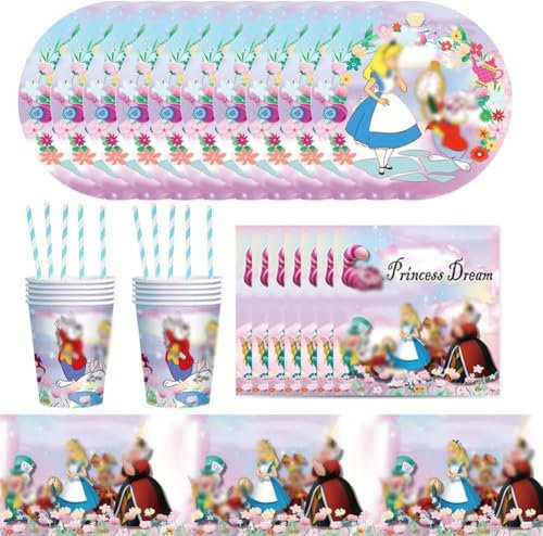 51pcs Piatti Compleanno Bambino, Piatto , Tazza , Asciugamano di Carta, Paglia, Tovaglia, Alice in Wonderland Stoviglie per Feste-10persone