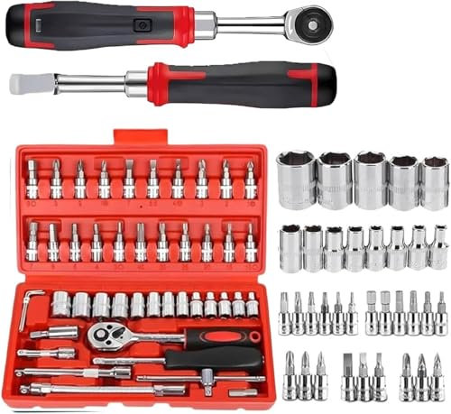 Caisse à Outils Complète en Coffret Douille de 1/4, CR-V 46 Pièces Coffret de Douille et Embouts avec Clé à Cliquet, Rallonges, Outillage Mécanique pour Réparation Voiture Auto (3)