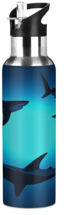 Mexpekil Floating Shark Water Bottle with Straw Ocean Shark Insulated Sports Stainless Steel Water Bottle Leakproof Drink Bottles for Kids Girls Boys School Running 600ml