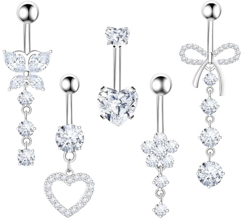 YAWYO Lot de 5 Piercings de Nombril en Acier Inoxydable avec nœud en Forme de cœur pour Femmes et Filles