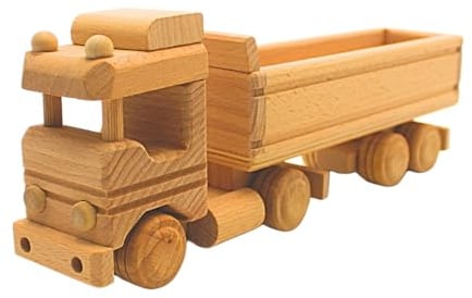 Dekohelden24 Nachhaltiger LKW als Modellauto, Dekoauto als Kipper, LKW mit Hänger, Baustellenfahrzeug LKW, Sattelauflieger, Baufahrzeug aus Holz, L/B/H 29 x 6 x 12 cm.