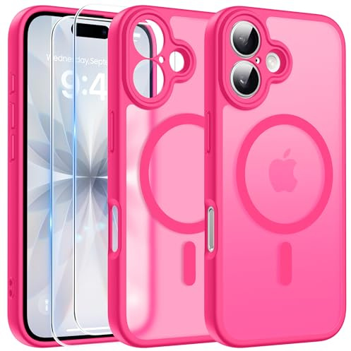 FLLAO Magnetisch Handyhülle für iPhone 17 Hülle mit 2 Schutzfolie, Kompatibel mit Mag-Safe Transluzente Matte Schutzhülle Stoßfeste Kratzfeste Mattierte Hülle iPhone 17 6.3”, Rosa