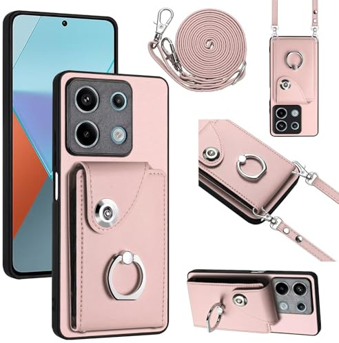 Coque pour Xiaomi Redmi Note 13 Pro 5G avec Cordon Housse Étui Xiaomi Redmi Note 13 Pro 5G avec Cordon Porte Carte Portefeuille avec Anneau béquille Réglable Collier Housse Etui pour Femmes - Rose