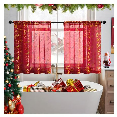 Weihnachts Vorhang Gardinen Halbtransparent 2er Set，Rot, S(63.5*93.5CM) | Voile Vorhänge mit Stangedurchzug Kinderzimmer Weihnachtsdeko Gardinen, Weihnachtsgardinen, Goldene Weihnachtsbaum