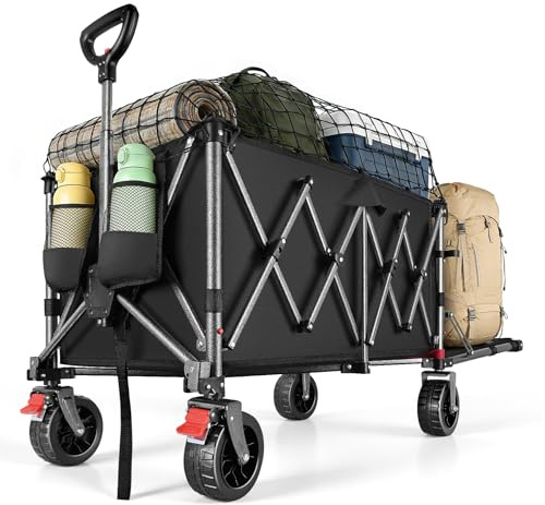 270L Festival Trolley on Wheels, Heavy Duty Folding Wagon, Portable Camping Cart Load up 400LB, Camping Trolley Foldable for Beach Outdoor Garden Shopping Fishing, Rear-Opening Design, Black