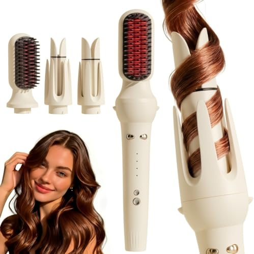 3 in 1 Lockenstab Automatisch mit 32/36mm Lockenwickler & Haarglätterbürste, 4 Temperaturstufen, Schnellaufheizung, 60 Min Sicherheits-Automatik Für alle Haartypen (Beige)