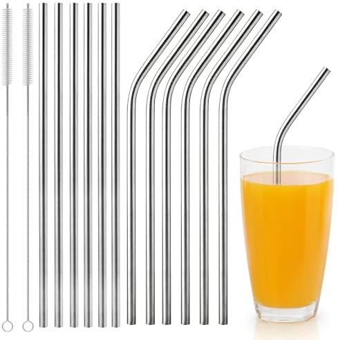 LOMIMOS 24 Pcs Pailles en Acier Inoxydable,Paille Inox Reutilisable avec 2 Brosses de Nettoyage Paille pour Reutilisable pour Cocktails Lait Glacé Thé Milkshakes Café Glacé