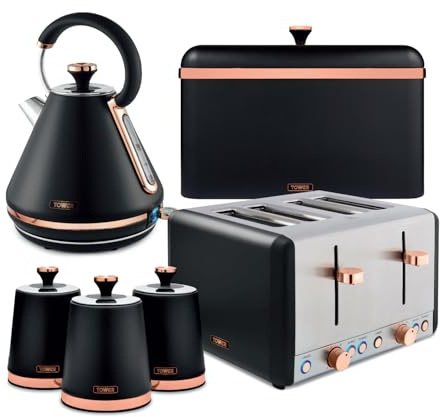 Tower Cavaletto 4 Piece Kitchen Set, 3kW 1.7L Pyramid Kettle, 4 Slice Toaster, Bread Bin & 3 x 1.3L Canisters, Black, EEJB475