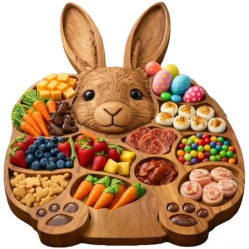 GLFLOW Bol de Pâques, assiettes de Pâques, planche de service en bois de lapin de Pâques, plateau à fromage en forme de lapin pour fêtes de vacances et décoration d'intérieur