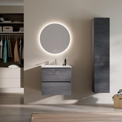 Feel Your Bath Mueble de Baño PANTER 60 cm Gris Antracita, Encimera Cerámica con Lavabo y Espejo Redondo LED Antivaho, 2 Cajones Soft Close, Diseño Suspendido, Diseño Compacto, Acabado Moderno