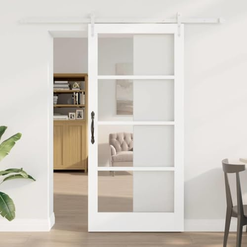 LoogCape Puerta corredera blanca de 93 x 202 cm, puerta corredera de madera maciza de pino con cristal, para interior, ruedas silenciosas, riel que ahorra espacio para salón, cocina y dormitorio