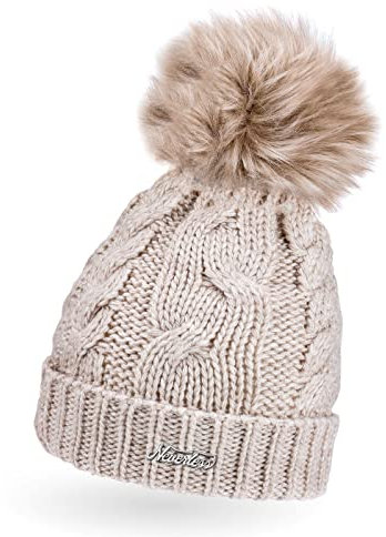 Neverless® gefütterte Damen Strickmütze mit Fell-Bommel und Fleece Futter, Winter-Mütze, Bommelmütze Hellbeige Unisize