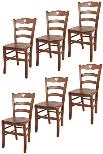 t m c s Tommychairs - 6er Set Stühle Cuore für Küche und Esszimmer, Robuste Struktur aus Buchenholz in der Farbe Helles Nussbraun lackiert und Sitzfläche aus Holz