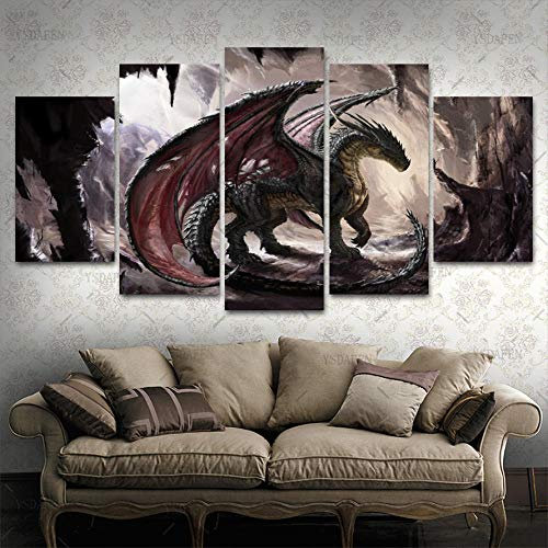 Loveygg 5 Teilig Gemälde Bilder Leinwandbild Kunstdruck Modern Wandbilder Wanddekoration Design Wand Bild Poster Mode Geschenke-Schwarzer Drache,150x80cm