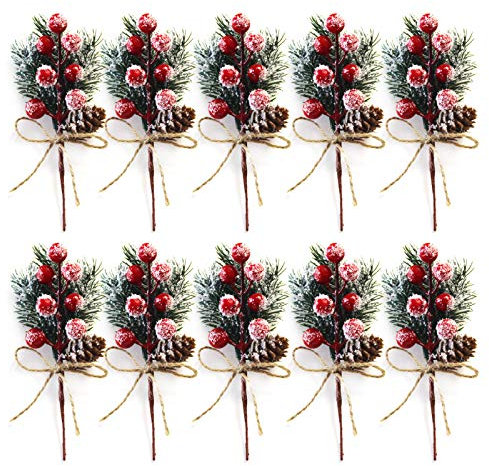 10 Stück rote Weihnachtsbeeren Stiele 15 cm kleine künstliche Kiefernspieße und Sprays Weihnachtsbeeren-Picks mit Tannenzapfen Stechpalmenbeere Weihnachtsblumen-Ornamente für Weihnachtskränze