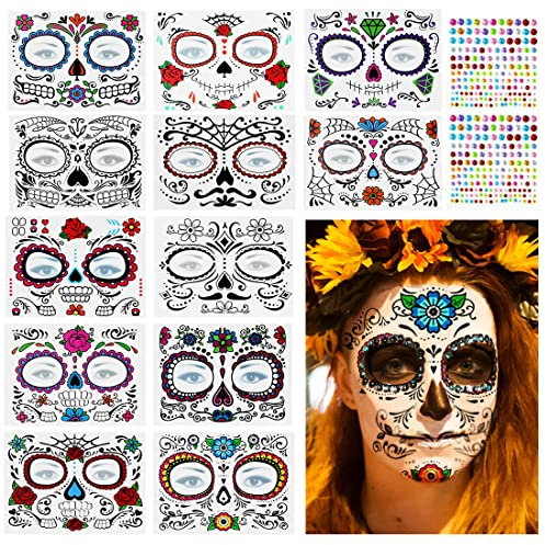 Kit de Tatuajes Temporales para Halloween - 14 Hojas de Tatuajes a Prueba de Agua + 2 Pegatinas de Gemas Faciales - para Mascarada, Hombres y Mujeres
