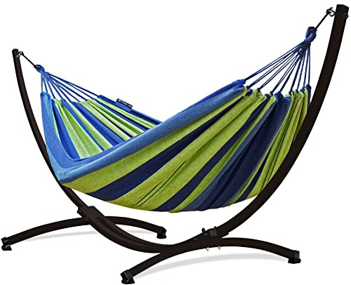 Potenza Outdoor Hängematte mit Gestell für 2 Personen I Baumwolle Doppelhängematte XXL 220x160, 200kg I Hängemattengestell 220kg, wetterfest (Grün, Gestell Braun)