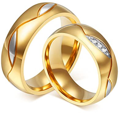 Edelstahl Ring Vergoldet, Paarpreis Trauringe Gold Breit 6MM Breite Poliert Runden Zirkonia Verlobungsringe Paar Gravur Innen Damen Gr. 49 (15.6) & Herren Gr. 57 (18.1)