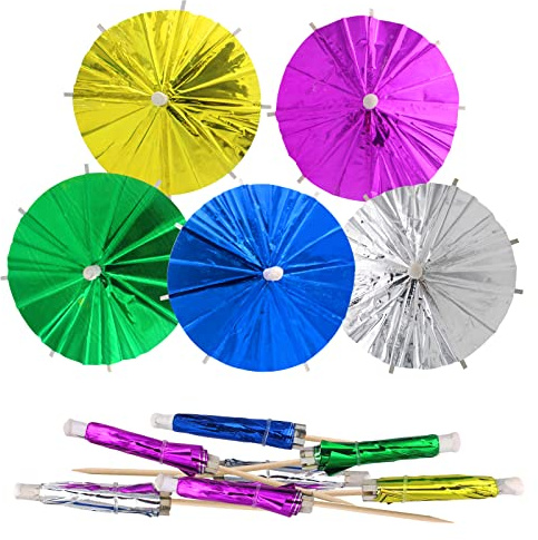 BLUE TOP 50pcs Aluminum Foil Umbrellas Cocktail Umbrellas Drinks Sticks 4 Inch,Cocktail Parasol Sticks Cocktail Picks, Handmade Foil Paper Umbrella with Wood toothpicks for Cocktail Drinks