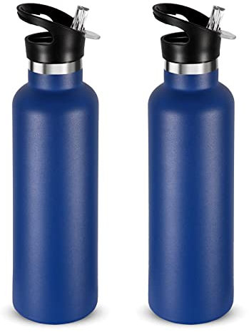 Volhoply 750ml Botellas Agua Acero Inoxidable con Tapa de Paja 2 paquetes,Botella de Deporte Aislada con Asa, Termo de Agua de Metal de Doble Pared- Libre BPA para Escuela,Niños(Azul marino,2 Set)