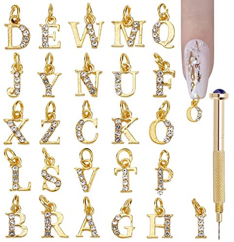 NICENEEDED 26Pcs A-Z Rhinestone Alphabet Nail Charms, Gold Letter Dangles with Nail Piercing Tool, 3D Alloy English Letters Nail Pendants for Nail Decor DIY Earrings Jewelry Bracelet