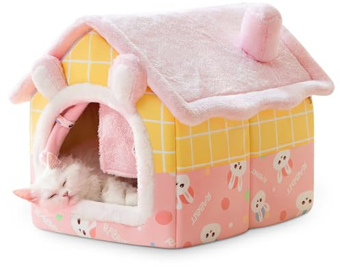 ALLSOPETS Niche pour Chien Intérieur et Maison de Chat Pliable, Grotte pour Chat et Igloo Chat Chaud et Confortable, Lit Lavable avec Coussin Amovible (Lapin Rose, L)