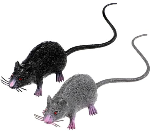 ABOOFAN 2Pcs Fake Rat Fake Mouse Compressible Rats Plastic Realistic Halloween Mice Decorations Jokes Props (Grey Black)