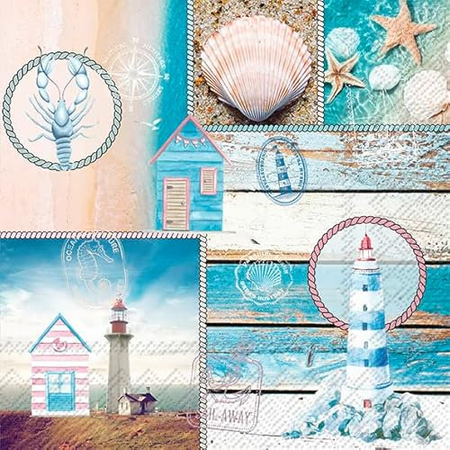 20 Servietten Collage von Leuchtturm und Muscheln | Meer | See | Leuchtturm | Maritim | Tischdeko | Decoupage | Serviettentechnik 33x33cm