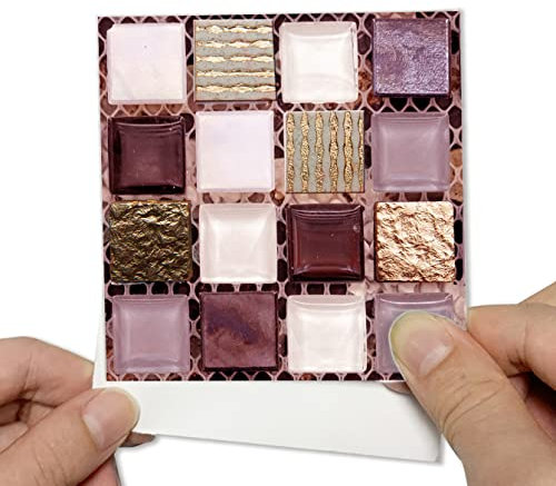 Alwayspon 25Pcs 10cm/4inch Pink Mosaic Effect Tile Sticker, Peel & Stick Self-Adhesive Splashback Fireplace Stairs Tile Sticker Transfers, Stick on Tile for Kitchen Bathroom Wall