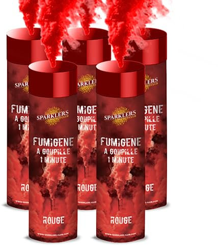SPARKLERS CLUB Fumigène a Main 1 MINUTE couleur Rouge - Lot de 5 - Allumage Frottoir, durée 60 secondes, fumigene couleur à tenir en Main - fumigene a main - Catégorie F1 - LIVRAISON 24/48H
