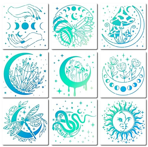 GORGECRAFT 9Stk Gemischte Stil-Sonnen- Mond- Und Stern-Schablonen Pflanzen- Und Mini-Tiere-Schablonen Malerei Blume Diamant Wiederverwendbare Quadratische Kunststoff-Schablonen Zum Malen