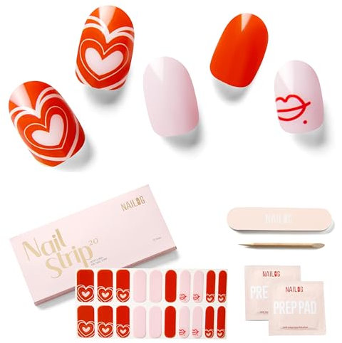 NAILOG Semi Cured Gel Nail Strips (20Pcs Extra Long Stickers/Wraps) | Glossy & Long Lasting Soft Gel Finishing | Sweet Heart