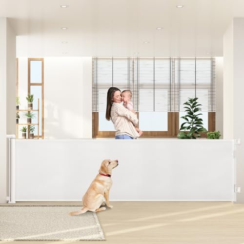 HollyHOME Puerta retráctil para escaleras de 300 cm, Extra Ancha, con una Sola Mano, Puerta de Seguridad para bebés y Mascotas, Interior y Exterior, Color Blanco