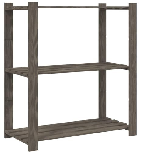 vidaXL Lagerregal, Regal mit 3 Böden, Multifunktional Holzregal für Küche Bad Büro, Schwerlastregal Kellerregal Werkstattregal, Grau Massivholz Kiefer